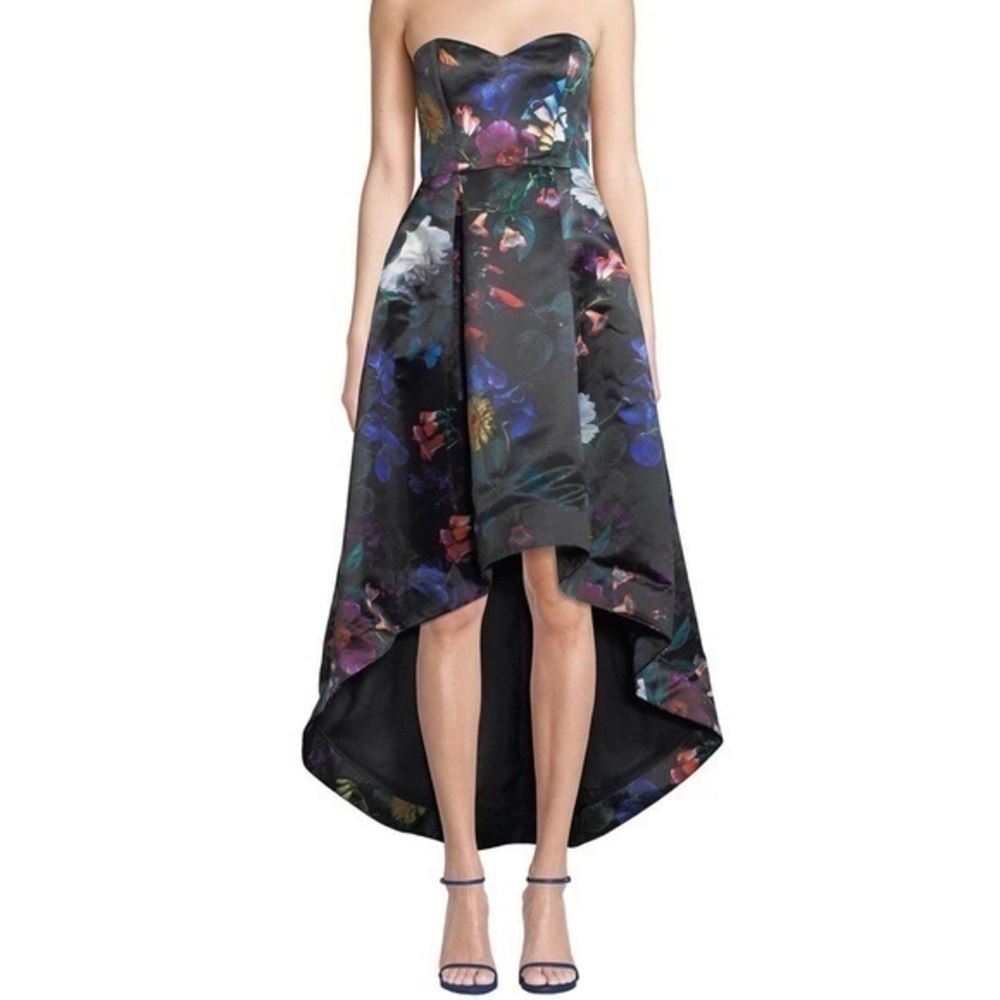 Parker Black Floral Strapless Satin Dress